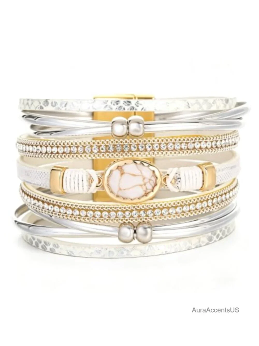 Women's Faux Leather Wrap Cuff Bracelet with Clasp Boho Layered Rhinestone